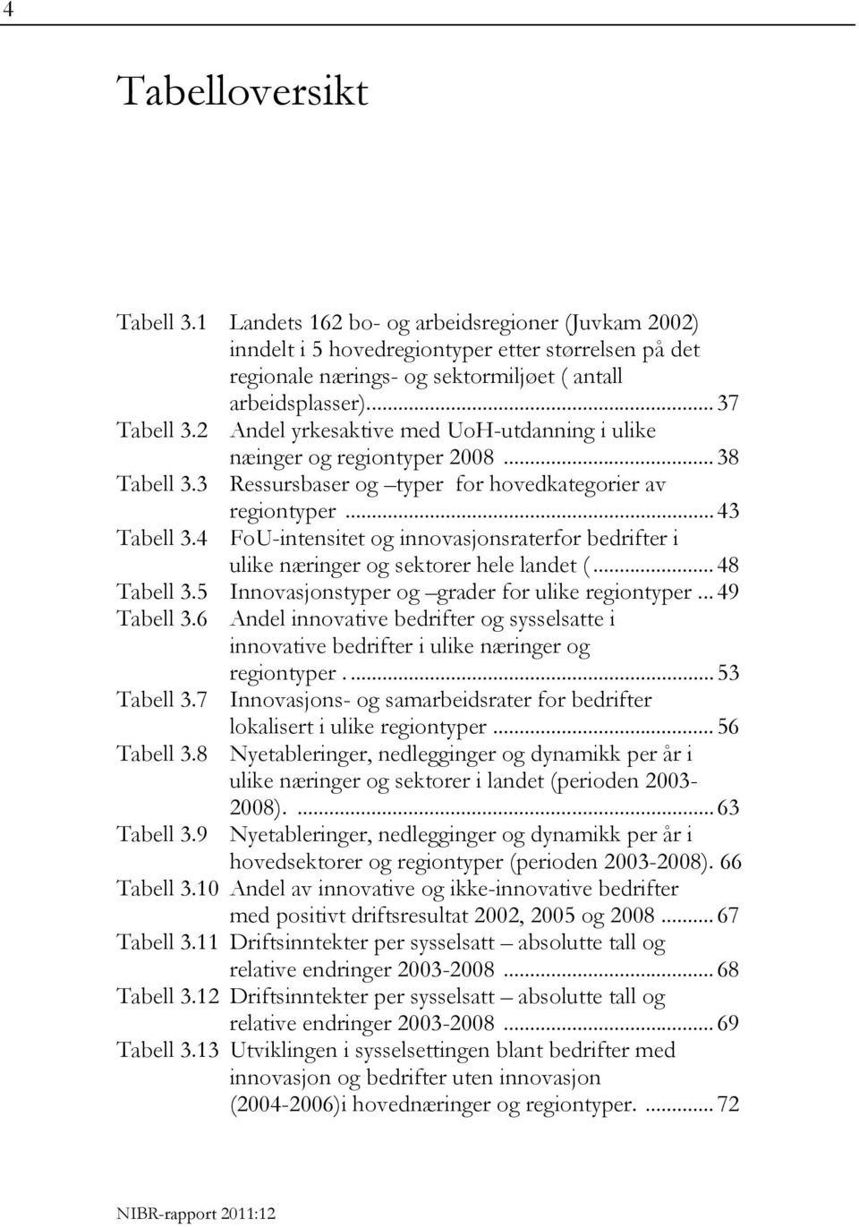 4 FoU-intensitet og innovasjonsraterfor bedrifter i ulike næringer og sektorer hele landet (... 48 Tabell 3.5 Innovasjonstyper og grader for ulike regiontyper... 49 Tabell 3.