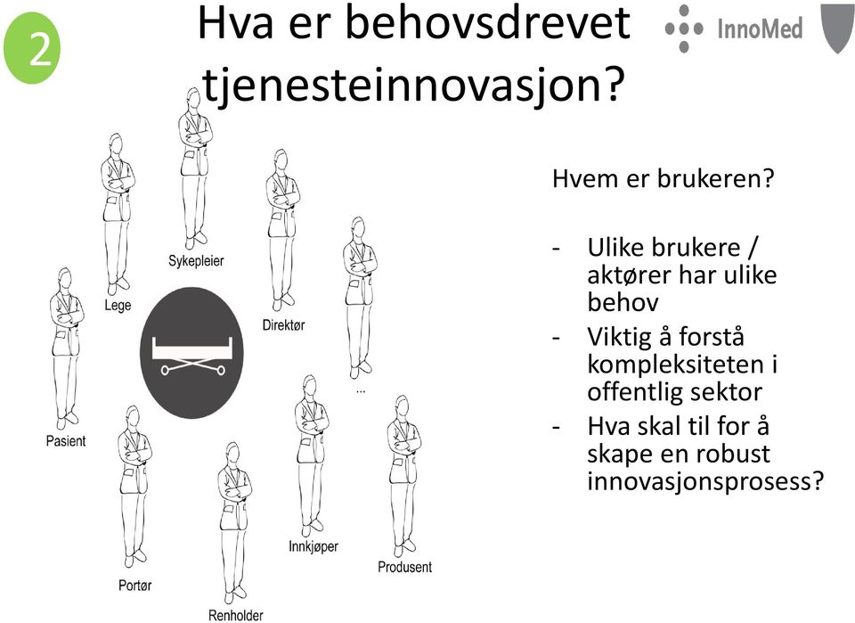 - Ulike brukere / aktører har ulike behov - Viktig å