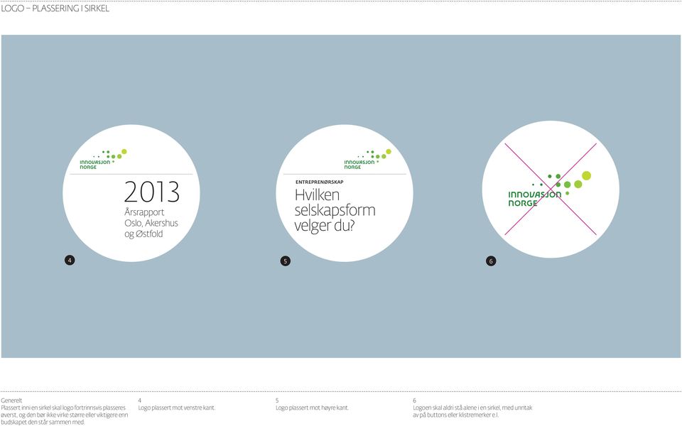 4 5 6 Generelt Plassert inni en sirkel skal logo fortrinnsvis plasseres øverst, og den bør ikke virke større