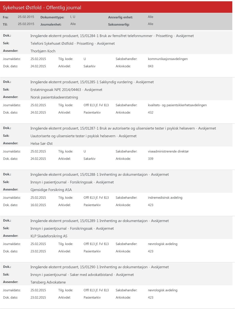 2015 Arkivdel: Pasientarkiv Arkivkode: 432 Inngående eksternt produsert, 15/01287-1 Bruk av autoriserte og ulisensierte tester i psykisk helsevern - autoriserte og ulisensierte tester i psykisk