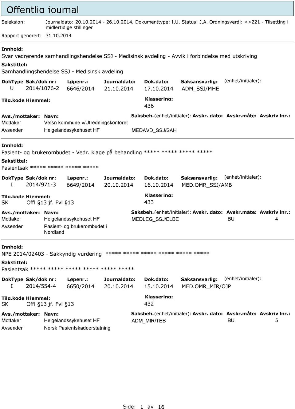 2014 Svar vedrørende samhandlingshendelse SSJ - Medisinsk avdeling - Avvik i forbindelse med utskriving Samhandlingshendelse SSJ - Medisinsk avdeling 2014/1076-2 6646/2014 17.10.2014 ADM_SSJ/MHE 436 Avs.