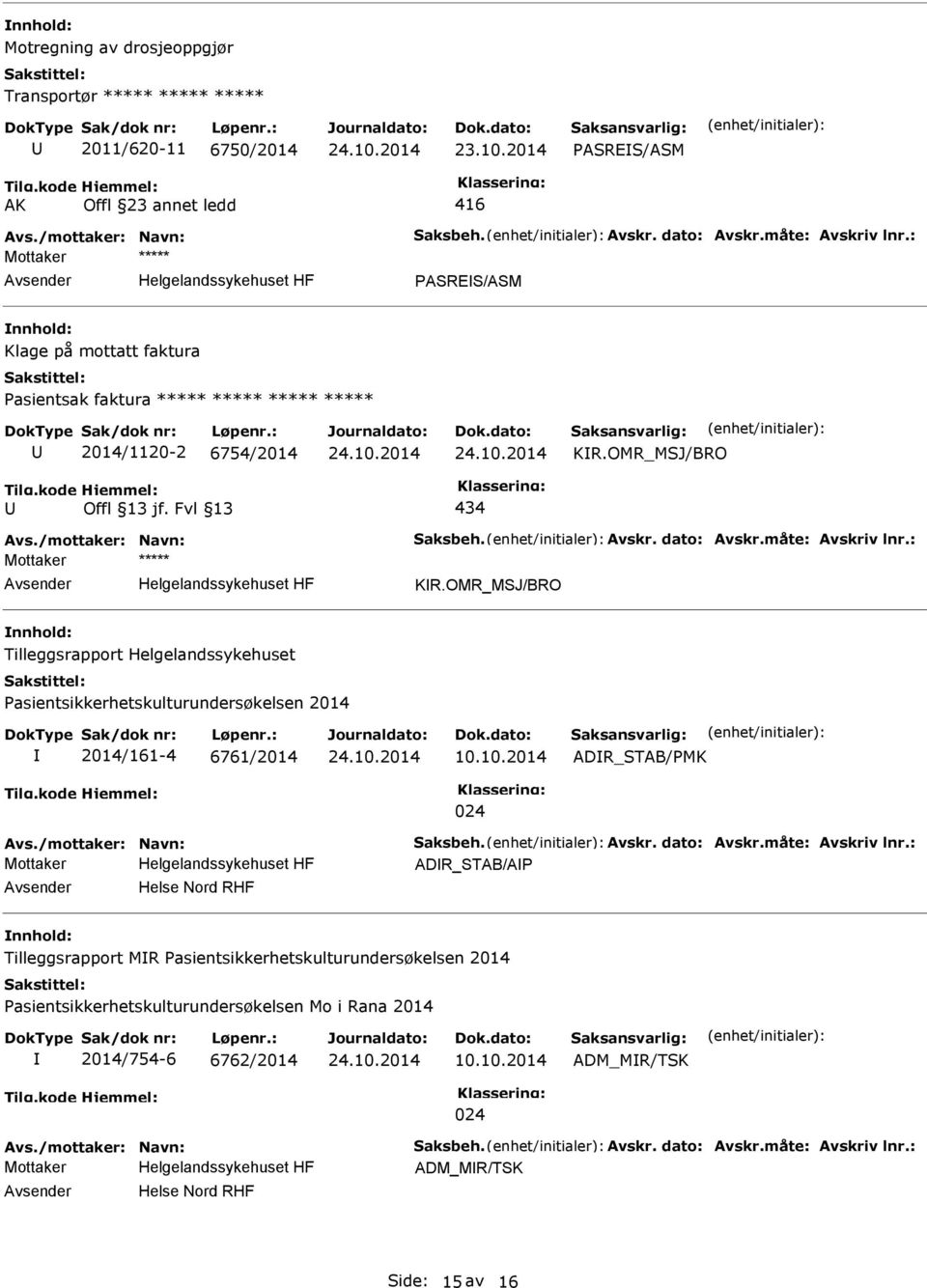 dato: Avskr.måte: Avskriv lnr.: Mottaker ***** KR.OMR_MSJ/BRO Tilleggsrapport Helgelandssykehuset asientsikkerhetskulturundersøkelsen 2014 2014/161-4 6761/2014 24.10.2014 10.10.2014 024 ADR_STAB/MK Avs.