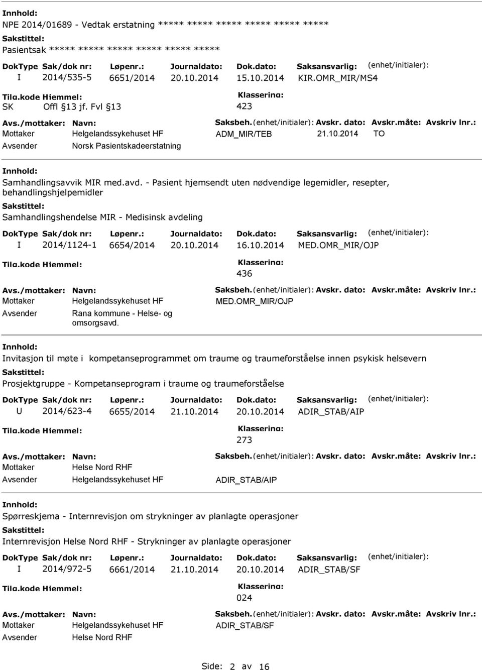 - asient hjemsendt uten nødvendige legemidler, resepter, behandlingshjelpemidler Samhandlingshendelse MR - Medisinsk avdeling 2014/1124-1 6654/2014 MED.OMR_MR/OJ 436 Avs./mottaker: Navn: Saksbeh.