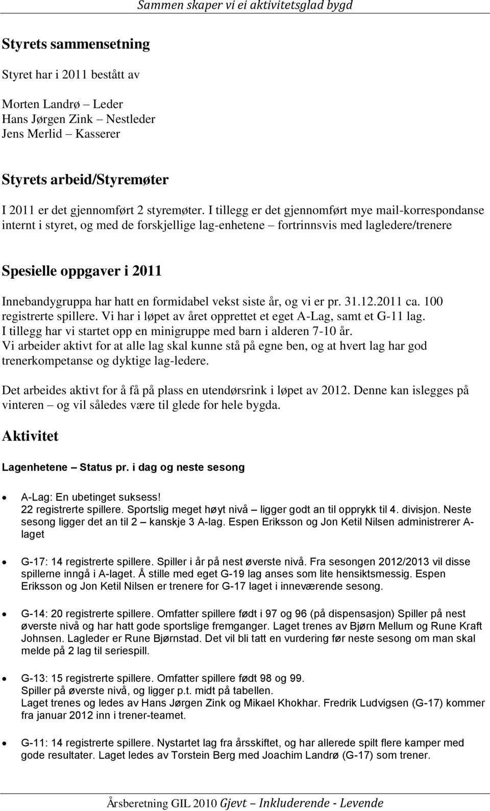 formidabel vekst siste år, og vi er pr. 31.12.2011 ca. 100 registrerte spillere. Vi har i løpet av året opprettet et eget A-Lag, samt et G-11 lag.