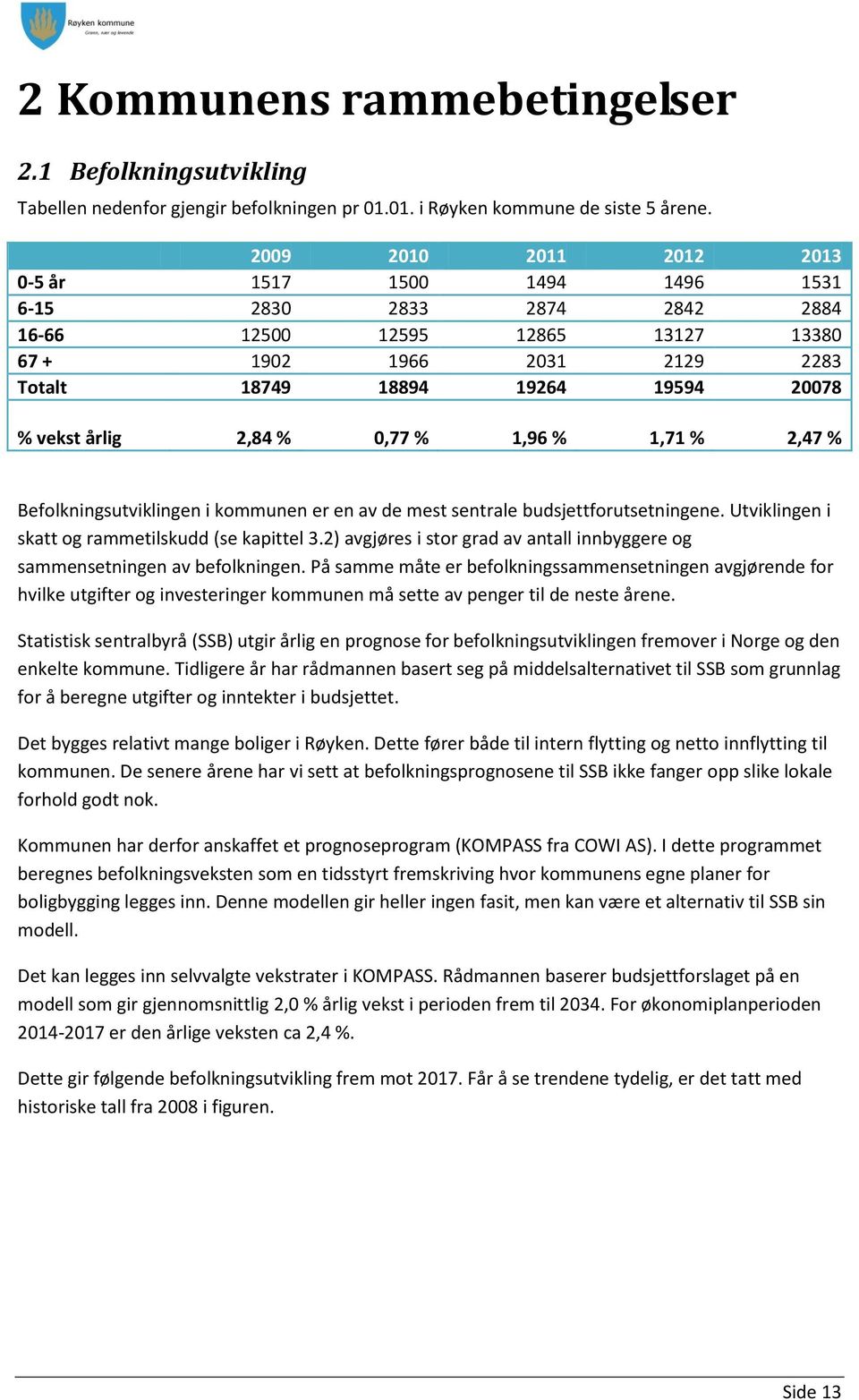 årlig 2,84 % 0,77 % 1,96 % 1,71 % 2,47 % Befolkningsutviklingen i kommunen er en av de mest sentrale budsjettforutsetningene. Utviklingen i skatt og rammetilskudd (se kapittel 3.