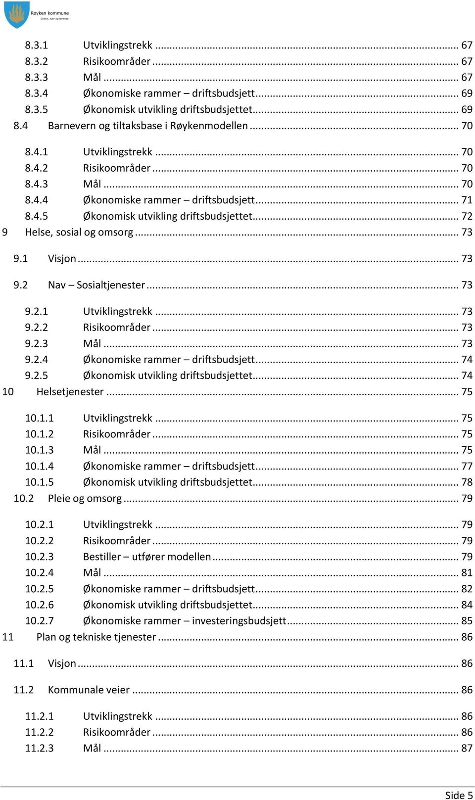 .. 73 9.1 Visjon... 73 9.2 Nav Sosialtjenester... 73 9.2.1 Utviklingstrekk... 73 9.2.2 Risikoområder... 73 9.2.3 Mål... 73 9.2.4 Økonomiske rammer driftsbudsjett... 74 9.2.5 Økonomisk utvikling driftsbudsjettet.