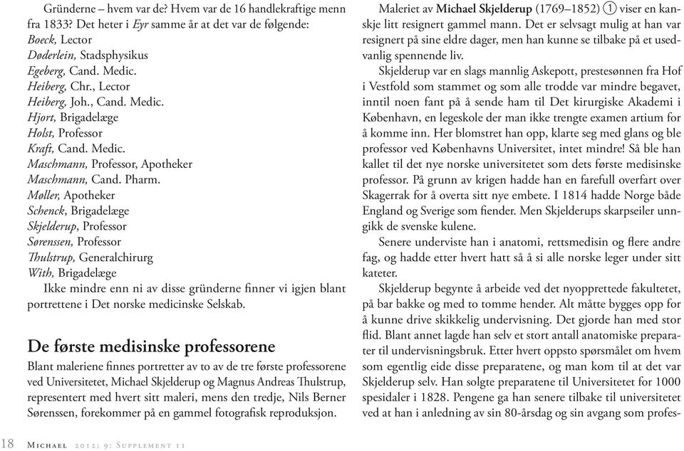 Møller, Apotheker Schenck, Brigadelæge Skjelderup, Professor Sørenssen, Professor Thulstrup, Generalchirurg With, Brigadelæge Ikke mindre enn ni av disse gründerne finner vi igjen blant portrettene i