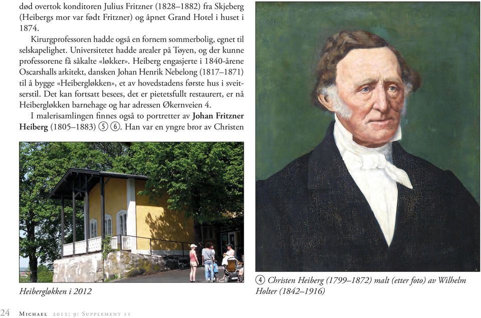 Heiberg engasjerte i 1840-årene Oscarshalls arkitekt, dansken Johan Henrik Nebelong (1817 1871) til å bygge «Heibergløkken», et av hovedstadens første hus i sveitserstil.
