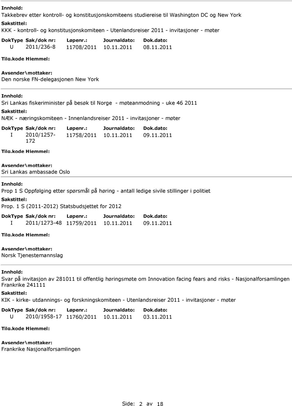 2010/1257-172 11758/2011 Sri Lankas ambassade Oslo Prop 1 S Oppfølging etter spørsmål på høring - antall ledige sivile stillinger i politiet Prop.