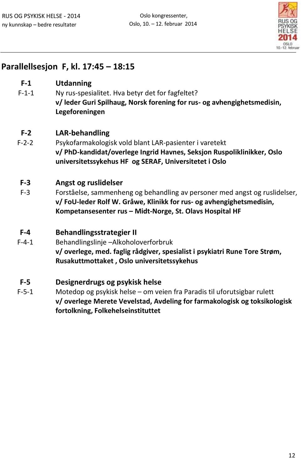 Havnes, Seksjon Ruspoliklinikker, Oslo universitetssykehus HF og SERAF, Universitetet i Oslo F-3 Angst og ruslidelser F-3 Forståelse, sammenheng og behandling av personer med angst og ruslidelser, v/