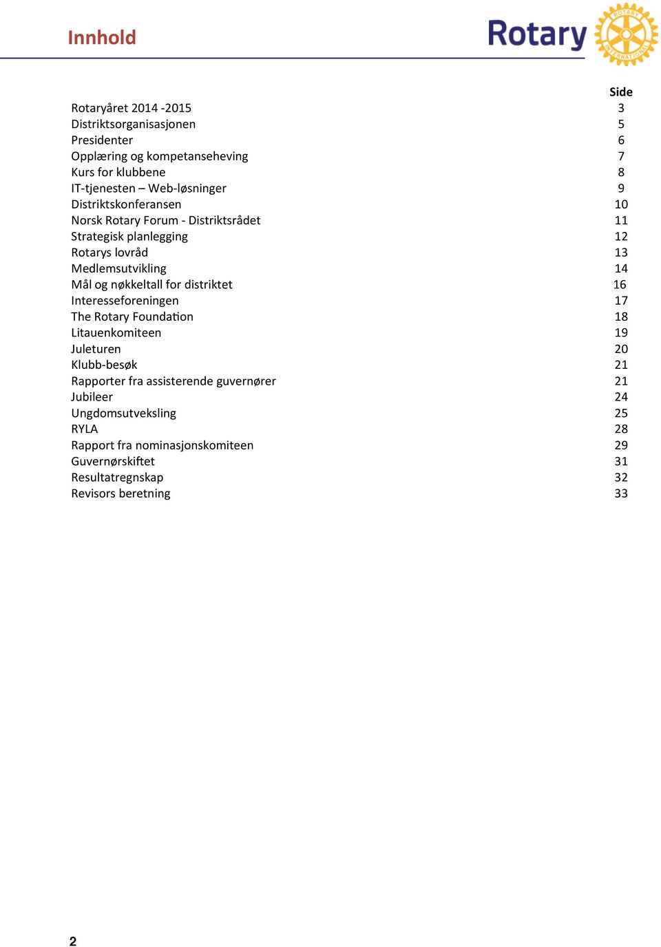 og nøkkeltall for distriktet Interesseforeningen 16 17 The Rotary Foundation 18 Litauenkomiteen 19 Juleturen 20 Klubb-besøk 21 Rapporter fra