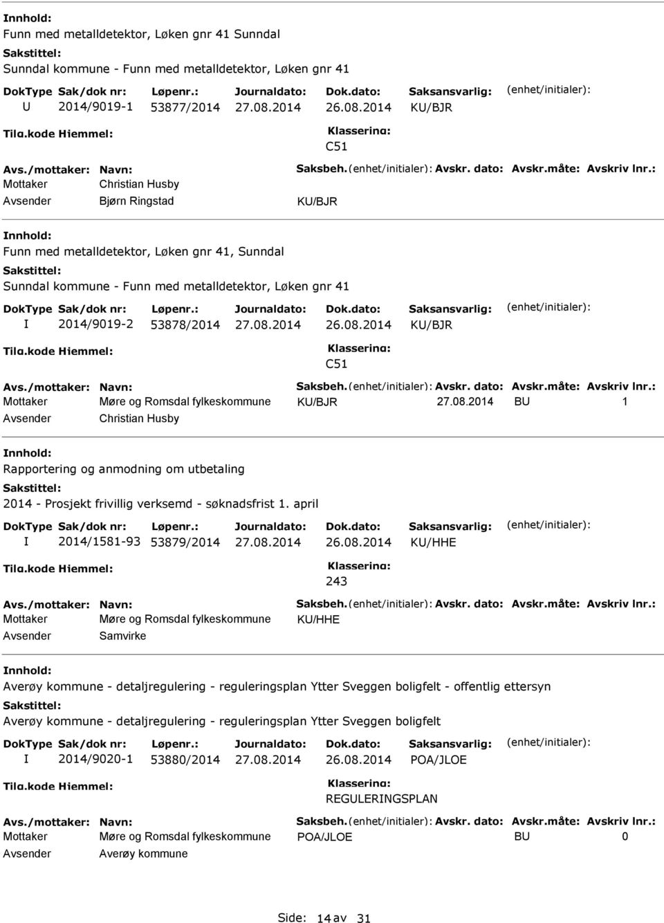 2014 K/BJR C51 Mottaker Møre og Romsdal fylkeskommune K/BJR B 1 Christian Husby Rapportering og anmodning om utbetaling 2014 - Prosjekt frivillig verksemd - søknadsfrist 1.