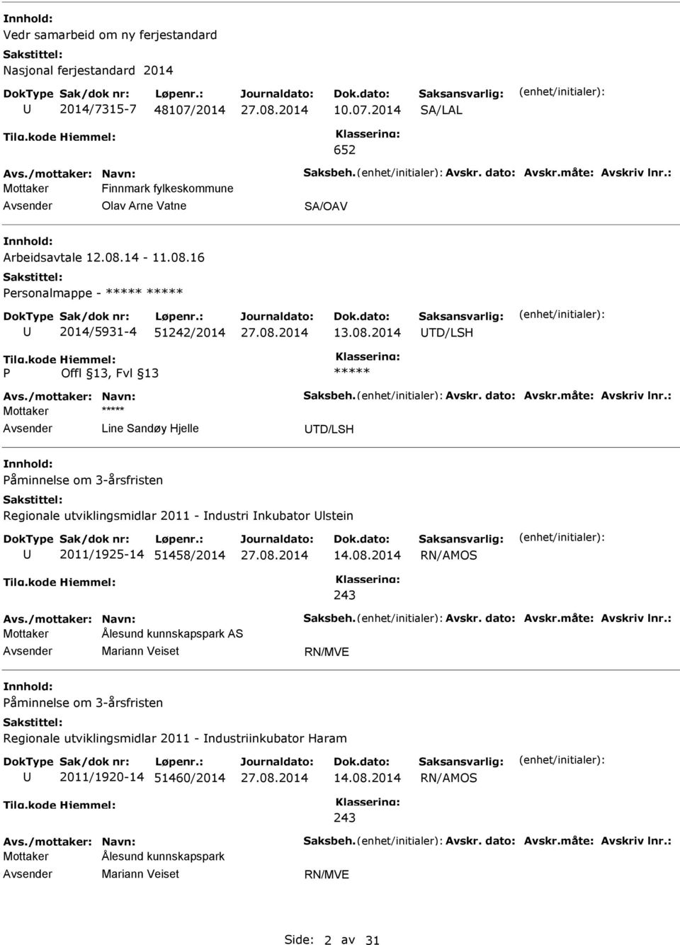 08.2014 TD/LSH P Mottaker Line Sandøy Hjelle TD/LSH Påminnelse om 3-årsfristen Regionale utviklingsmidlar 2011 - ndustri nkubator lstein 2011/1925-14