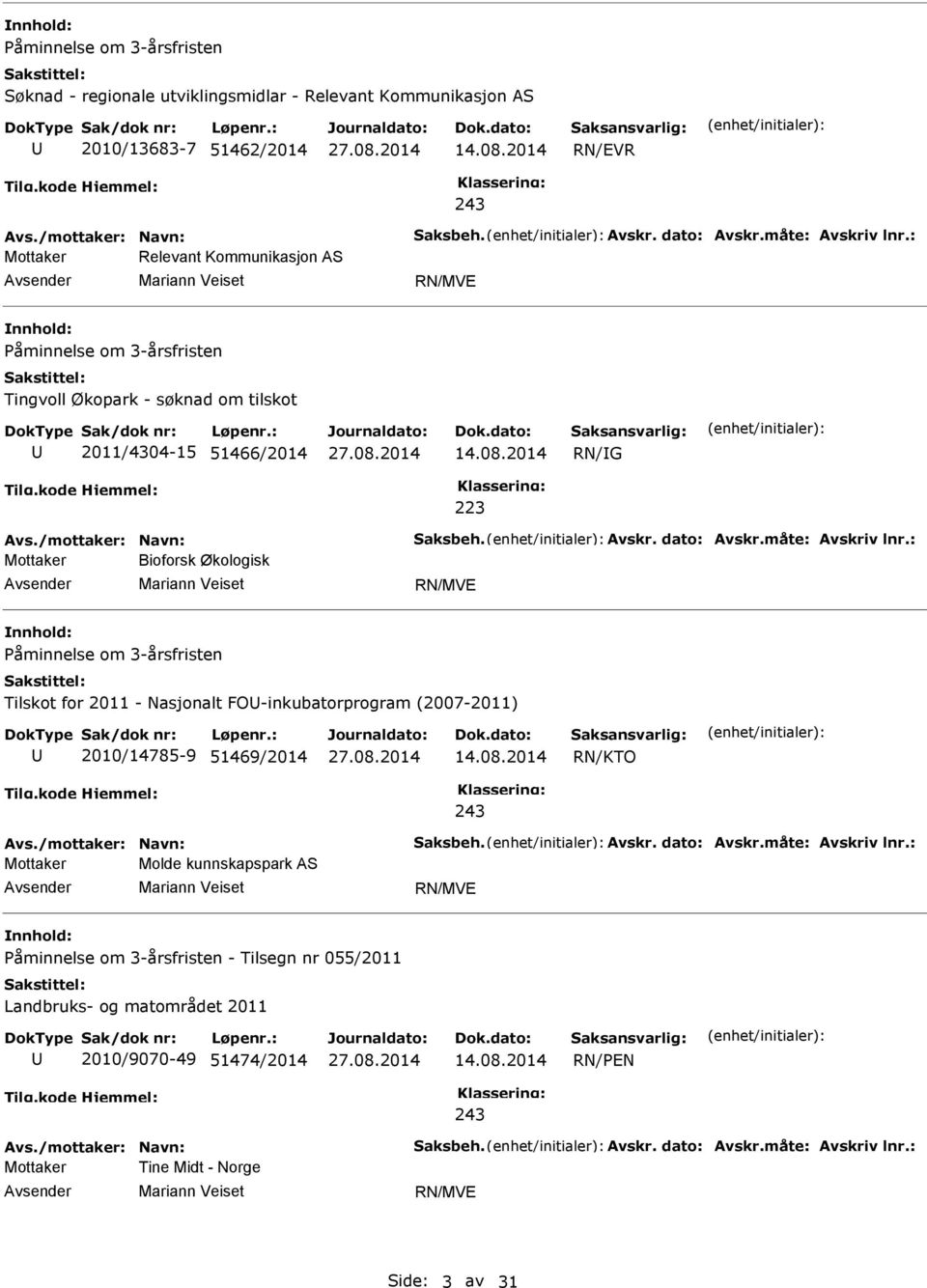 Påminnelse om 3-årsfristen Tilskot for 2011 - Nasjonalt FO-inkubatorprogram (2007-2011) 2010/14785-9 51469/2014 RN/KTO Mottaker Molde