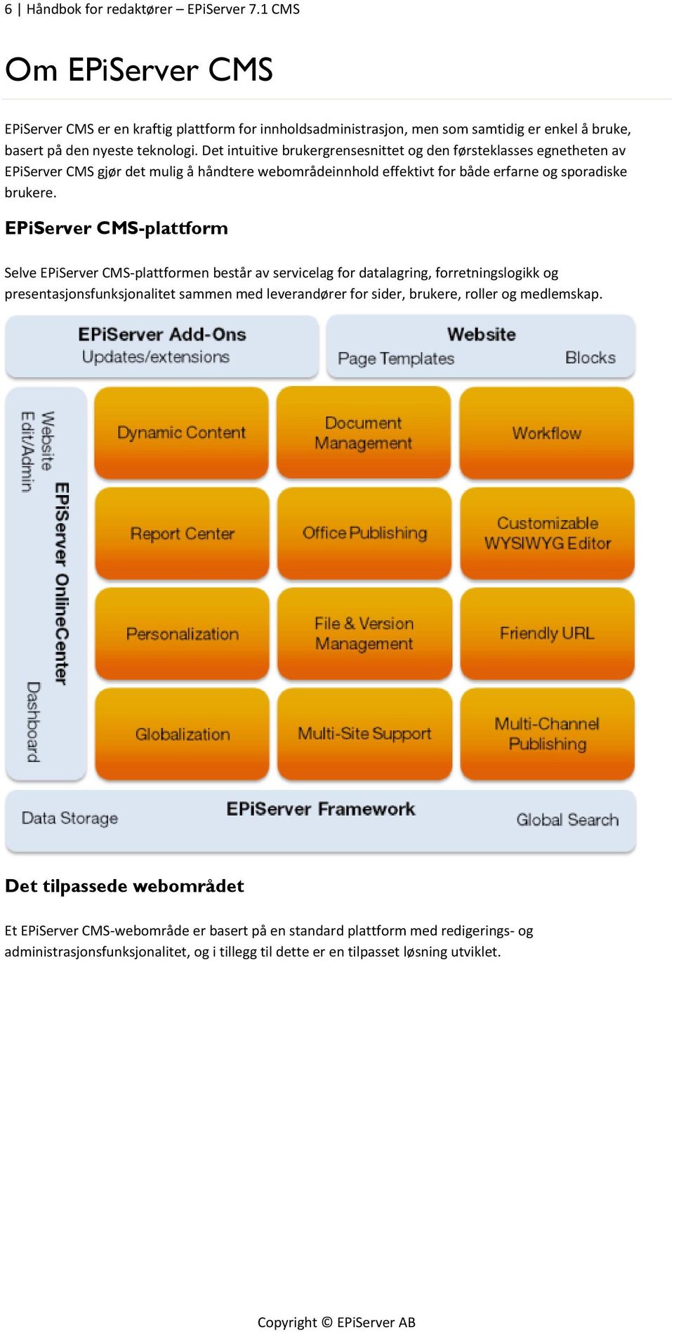 EPiServer CMS-plattform Selve EPiServer CMS-plattformen består av servicelag for datalagring, forretningslogikk og presentasjonsfunksjonalitet sammen med leverandører for sider, brukere, roller