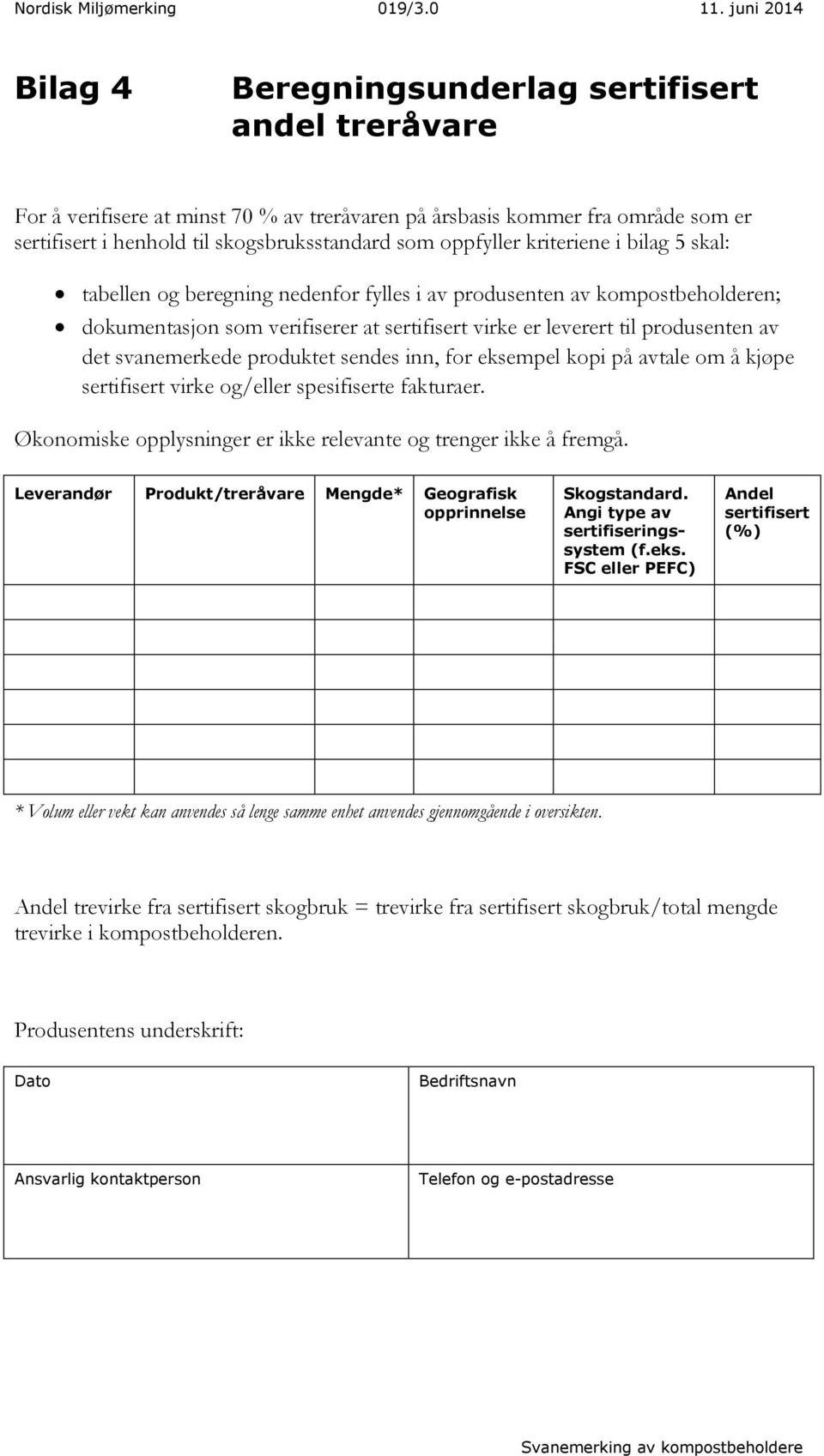 svanemerkede produktet sendes inn, for eksempel kopi på avtale om å kjøpe sertifisert virke og/eller spesifiserte fakturaer. Økonomiske opplysninger er ikke relevante og trenger ikke å fremgå.