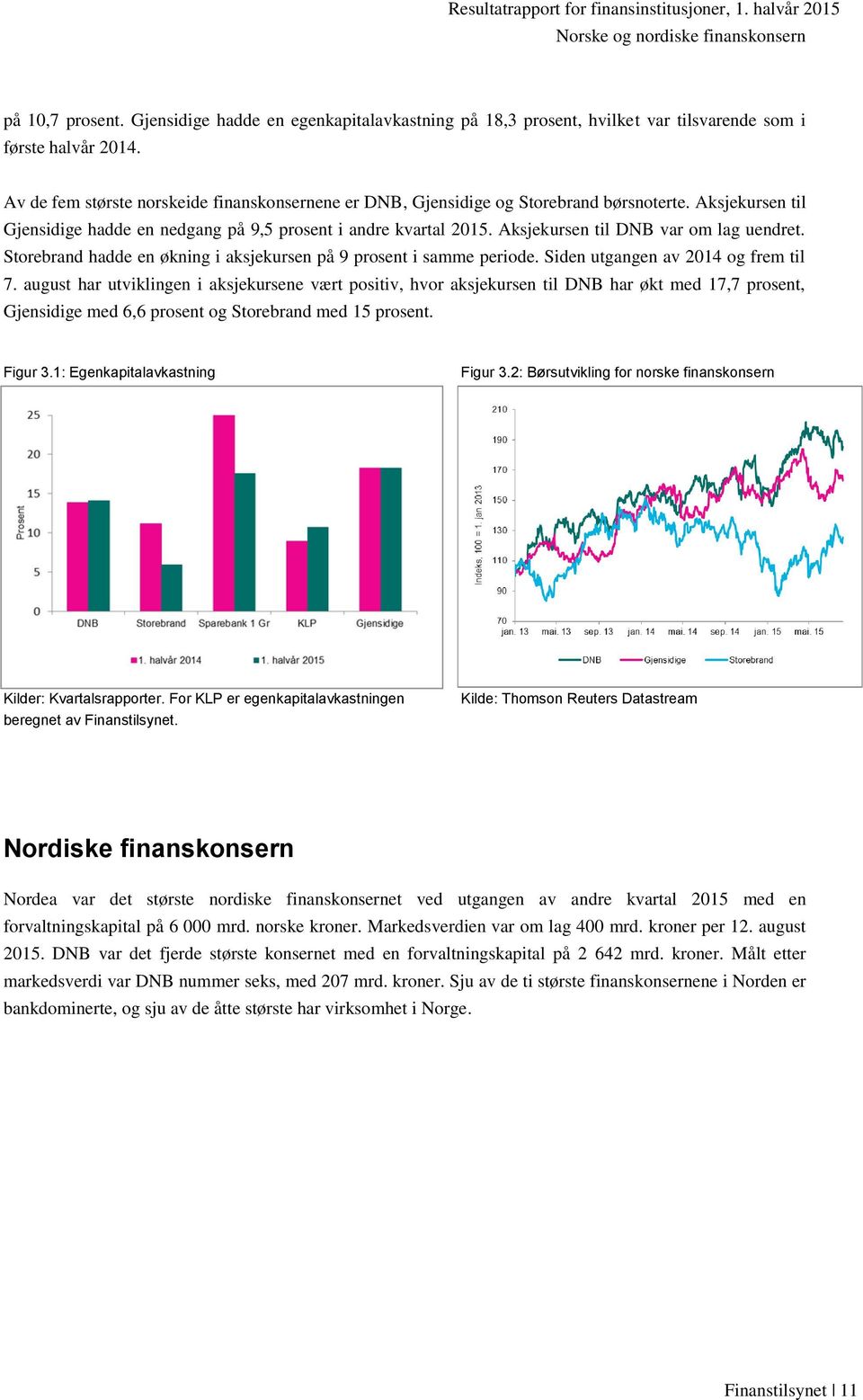 Aksjekursen til DNB var om lag uendret. Storebrand hadde en økning i aksjekursen på 9 prosent i samme periode. Siden utgangen av 2014 og frem til 7.