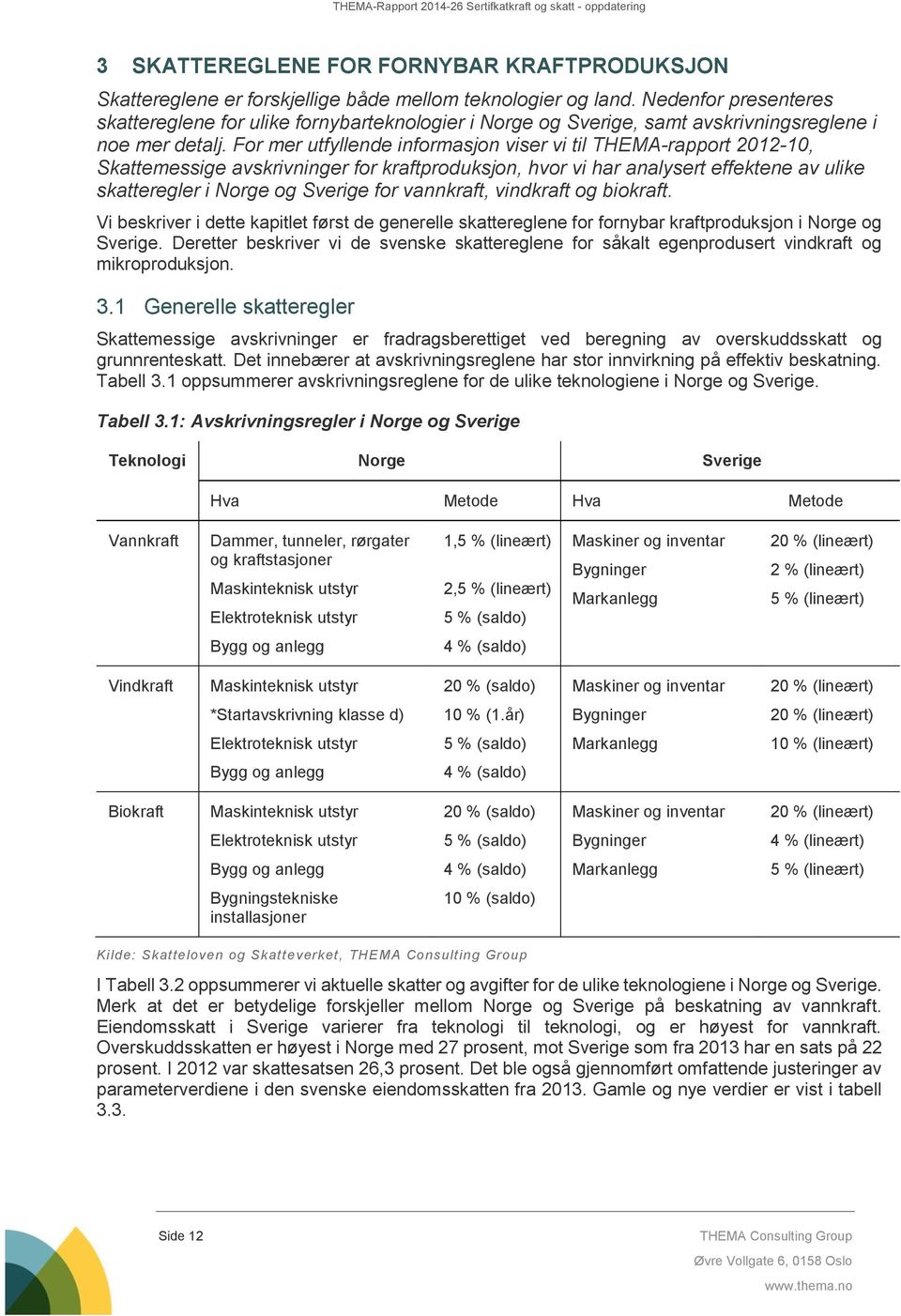 For mer utfyllende informasjon viser vi til THEMA-rapport 2012-10, Skattemessige avskrivninger for kraftproduksjon, hvor vi har analysert effektene av ulike skatteregler i Norge og Sverige for