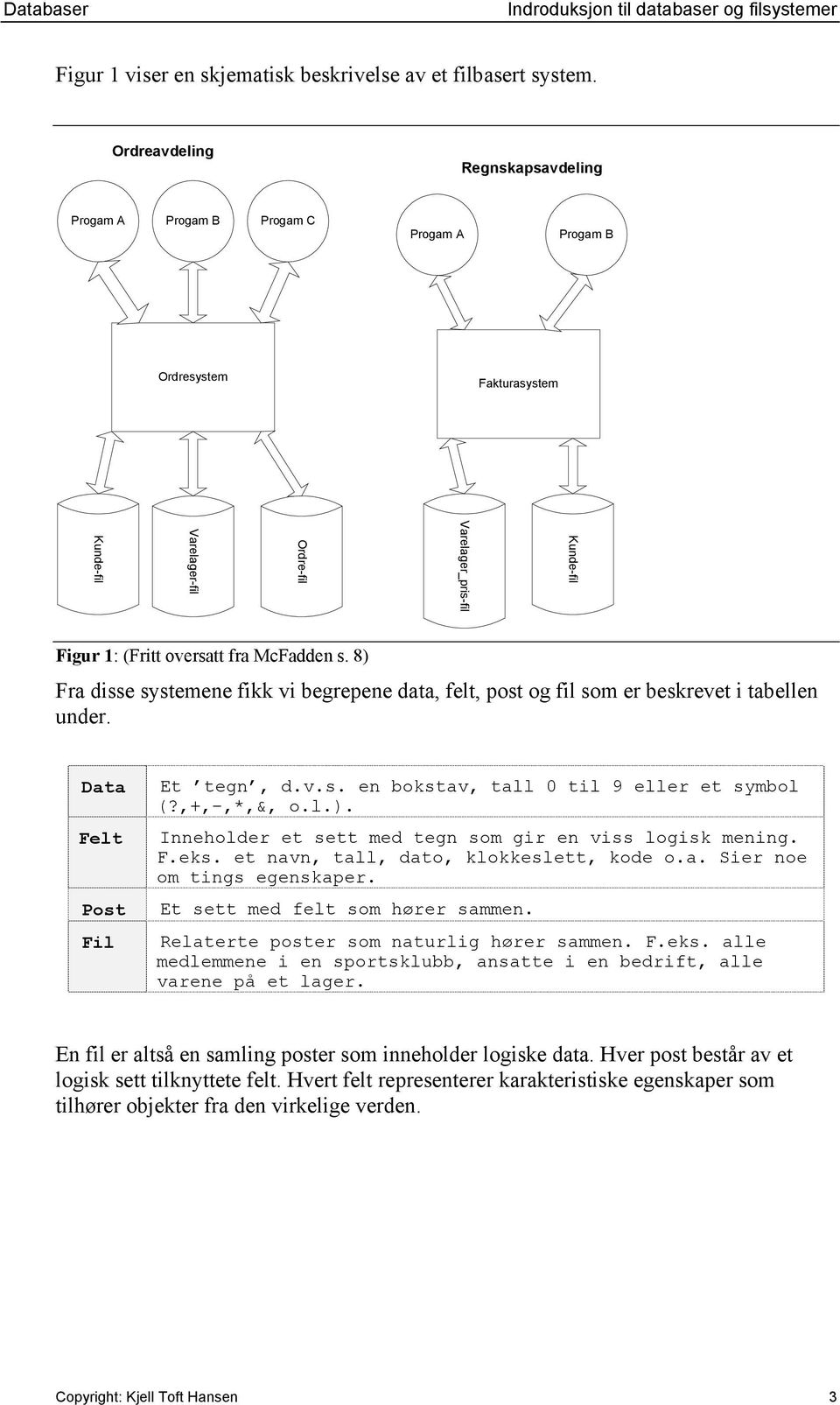 McFadden s. 8) Fra disse systemene fikk vi begrepene data, felt, post og fil som er beskrevet i tabellen under. Data Felt Post Fil Et tegn, d.v.s. en bokstav, tall 0 til 9 eller et symbol (?