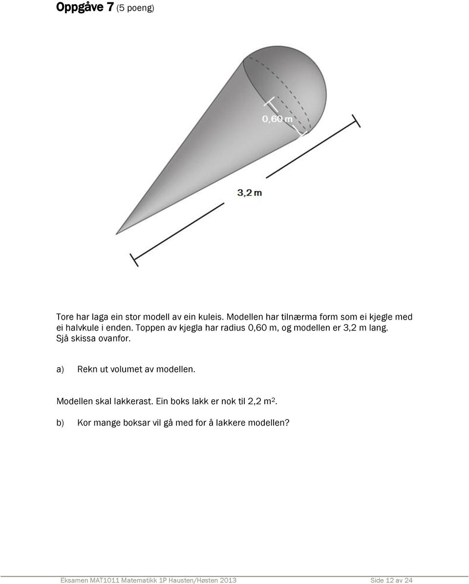 Toppen av kjegla har radius 0,60 m, og modellen er 3,2 m lang. Sjå skissa ovanfor.