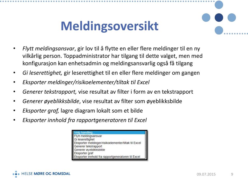 leserettighet til en eller flere meldinger om gangen Eksporter meldinger/risikoelementer/tiltak til Excel Generer tekstrapport, vise resultat av filter i