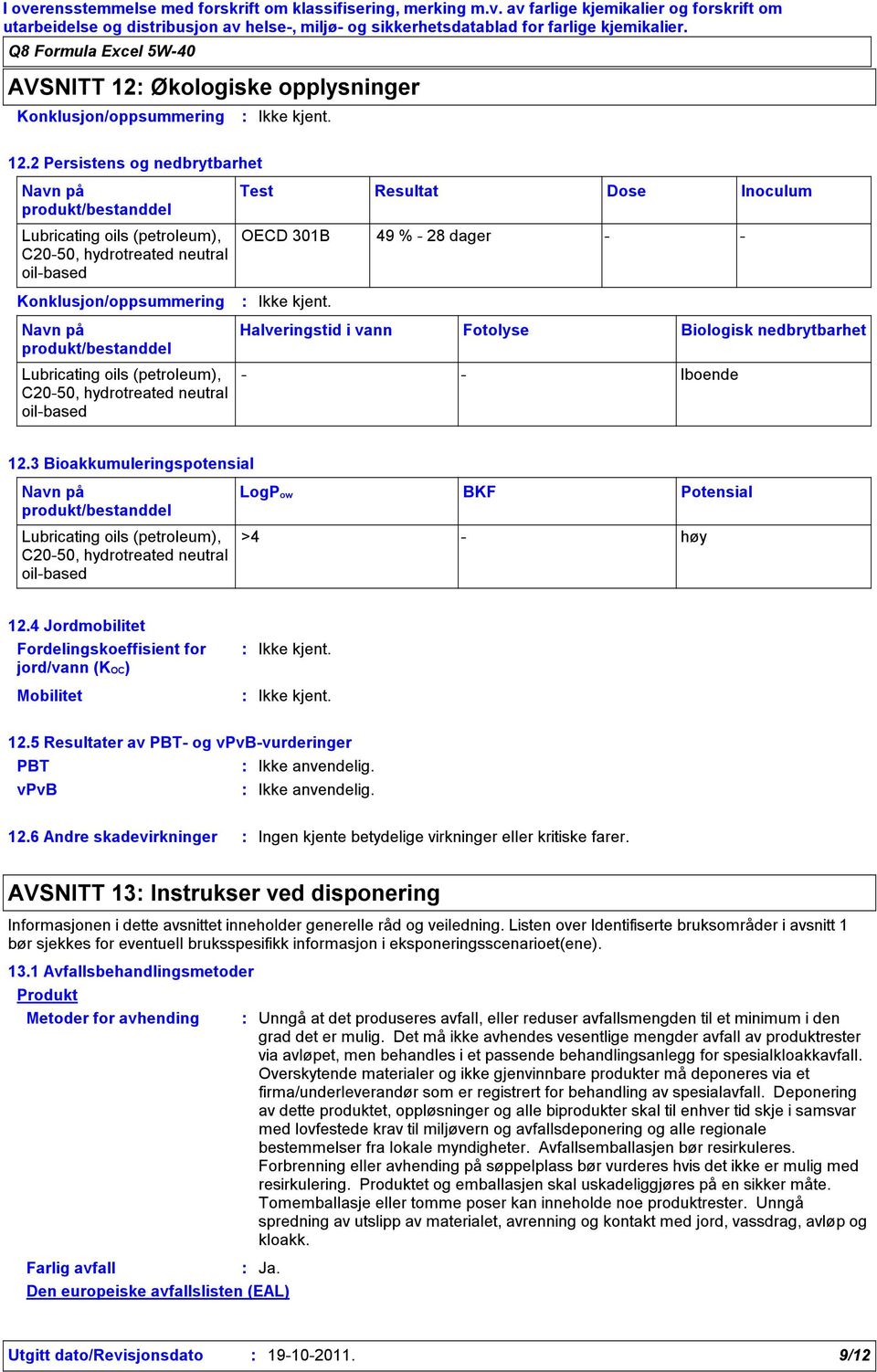 (petroleum), C2050, hydrotreated neutral oilbased OECD 301B 49 % 28 dager Halveringstid i vann Fotolyse Biologisk nedbrytbarhet Iboende 12.