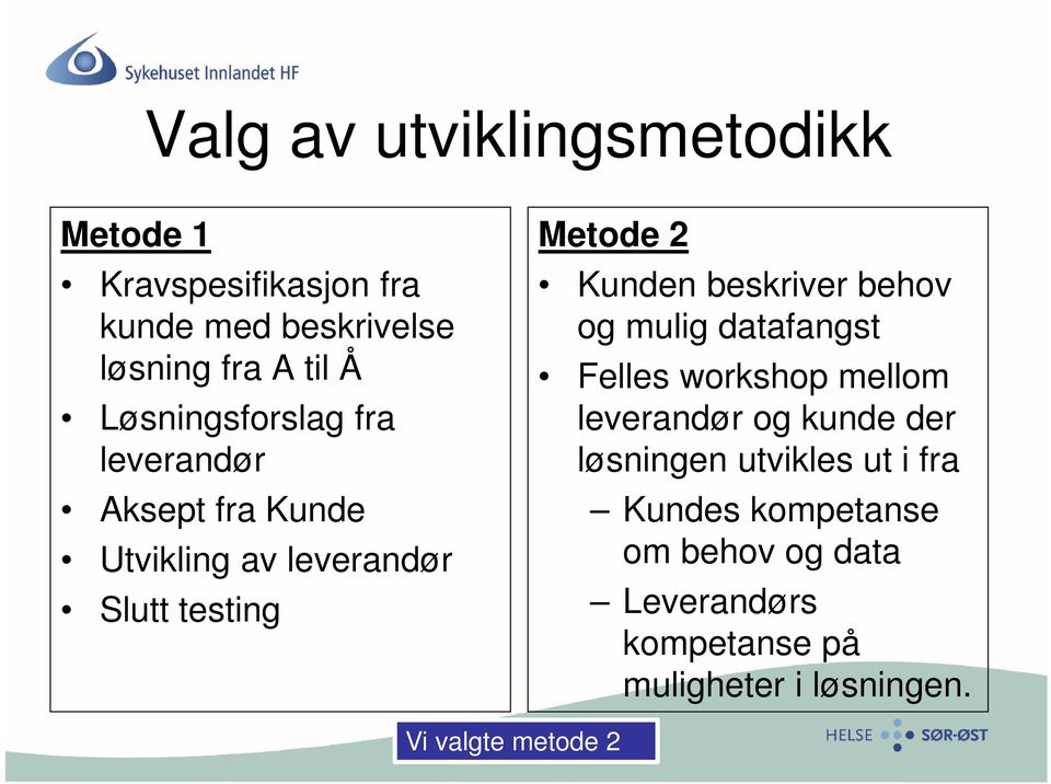 beskriver behov og mulig datafangst Felles workshop mellom leverandør og kunde der løsningen utvikles