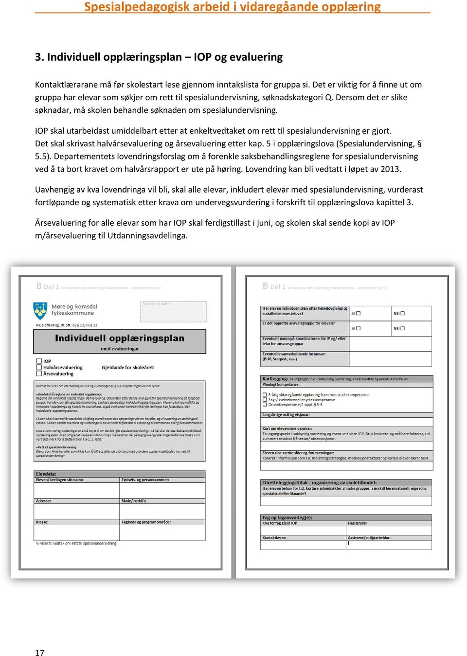 IOP skal utarbeidast umiddelbart etter at enkeltvedtaket om rett til spesialundervisning er gjort. Det skal skrivast halvårsevaluering og årsevaluering etter kap.