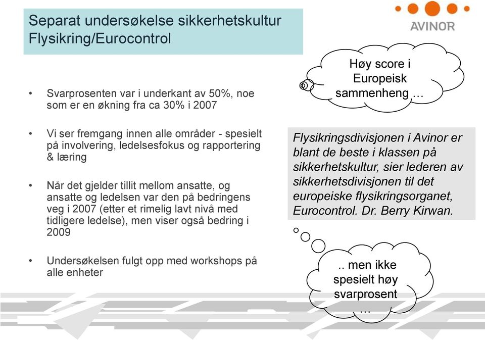 nivå med tidligere ledelse), men viser også bedring i 2009 Undersøkelsen fulgt opp med workshops på alle enheter Høy score i Europeisk sammenheng Flysikringsdivisjonen i Avinor er