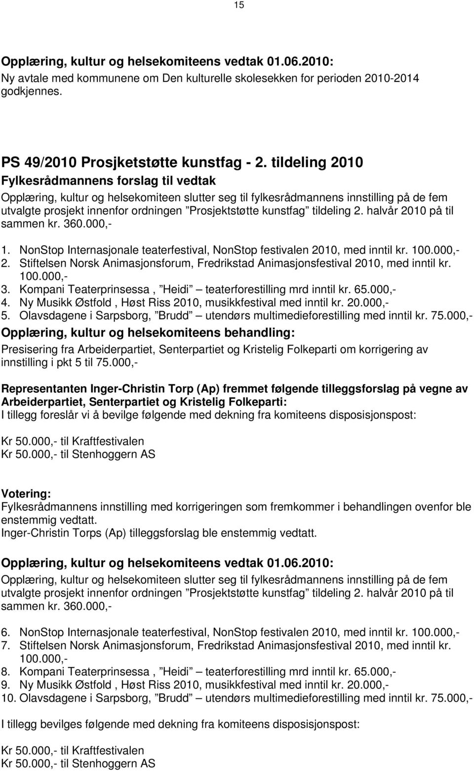 halvår 2010 på til sammen kr. 360.000,- 1. NonStop Internasjonale teaterfestival, NonStop festivalen 2010, med inntil kr. 100.000,- 2.