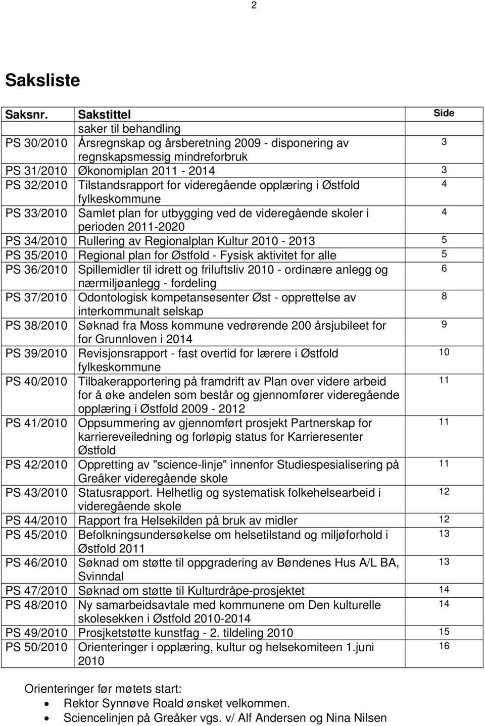 videregående opplæring i Østfold 4 fylkes PS 33/2010 Samlet plan for utbygging ved de videregående skoler i 4 perioden 2011-2020 PS 34/2010 Rullering av Regionalplan Kultur 2010-2013 5 PS 35/2010