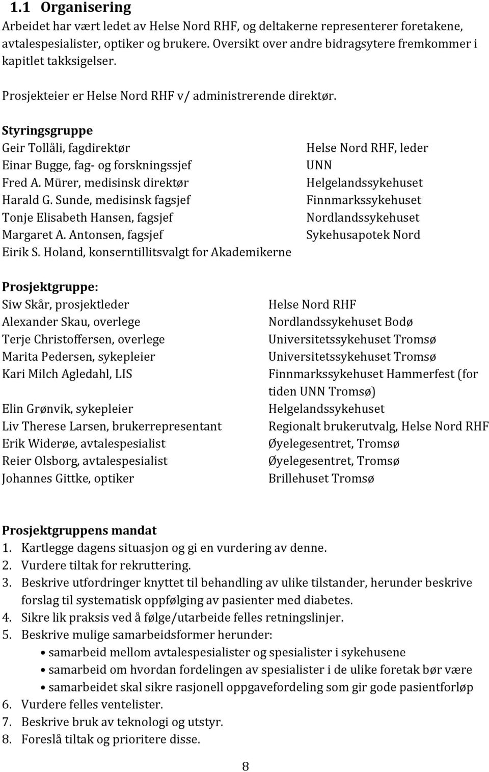 Styringsgruppe Geir Tollåli, fagdirektør Einar Bugge, fag- og forskningssjef Fred A. Mürer, medisinsk direktør Harald G. Sunde, medisinsk fagsjef Tonje Elisabeth Hansen, fagsjef Margaret A.