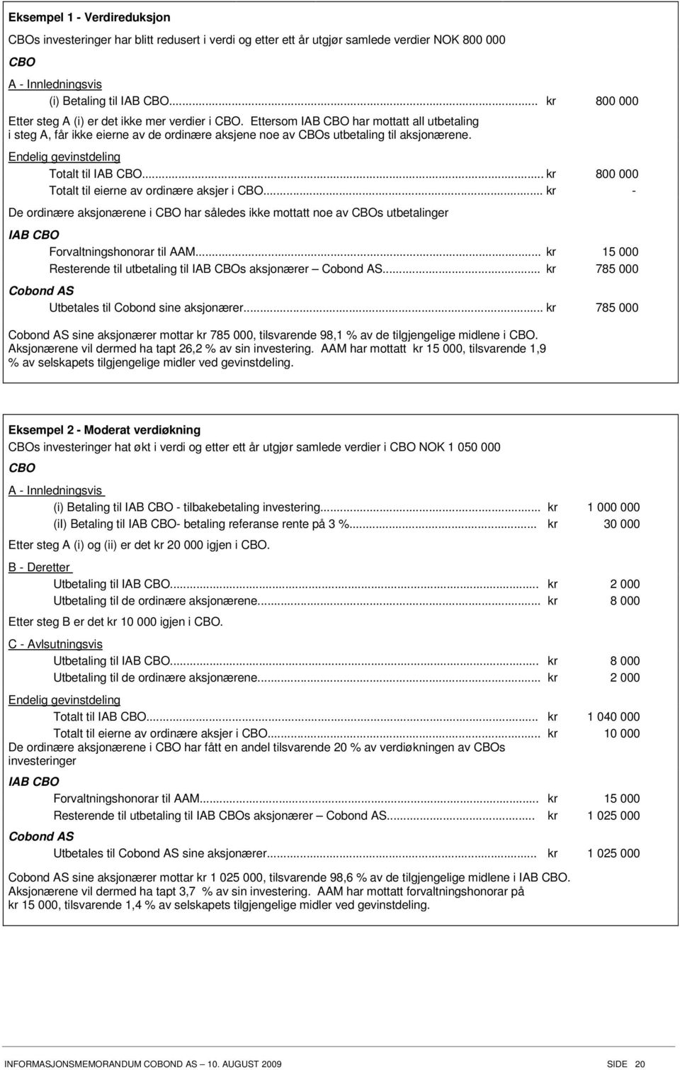 Endelig gevinstdeling Totalt til IAB CBO... kr 800 000 Totalt til eierne av ordinære aksjer i CBO.