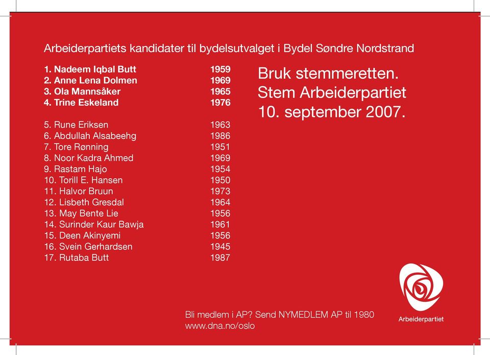 Hansen 1950 11. Halvor Bruun 1973 12. Lisbeth Gresdal 1964 13. May Bente Lie 1956 14. Surinder Kaur Bawja 1961 15. Deen Akinyemi 1956 16.