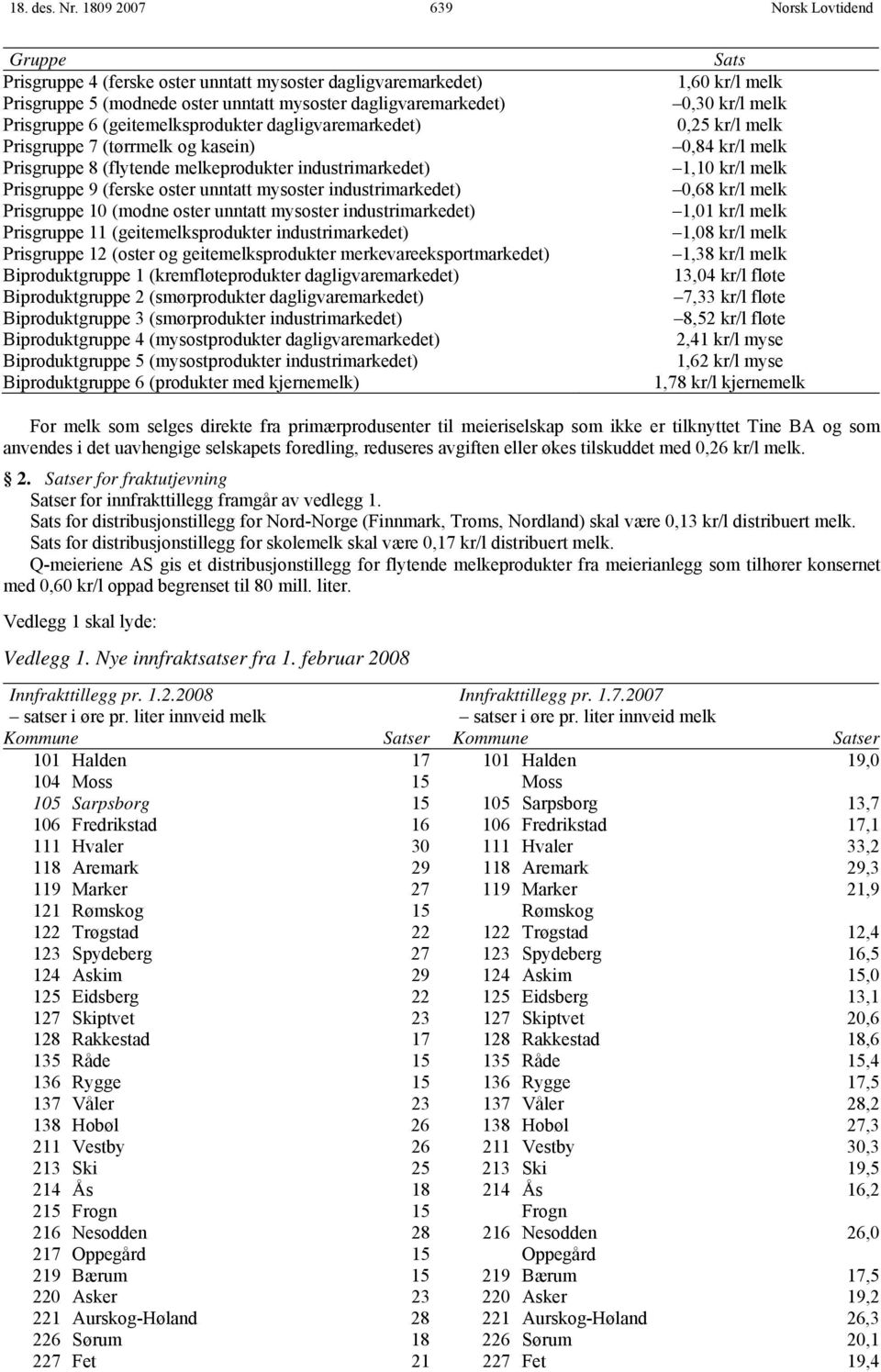 dagligvaremarkedet) Prisgruppe 7 (tørrmelk og kasein) Prisgruppe 8 (flytende melkeprodukter industrimarkedet) Prisgruppe 9 (ferske oster unntatt mysoster industrimarkedet) Prisgruppe 10 (modne oster