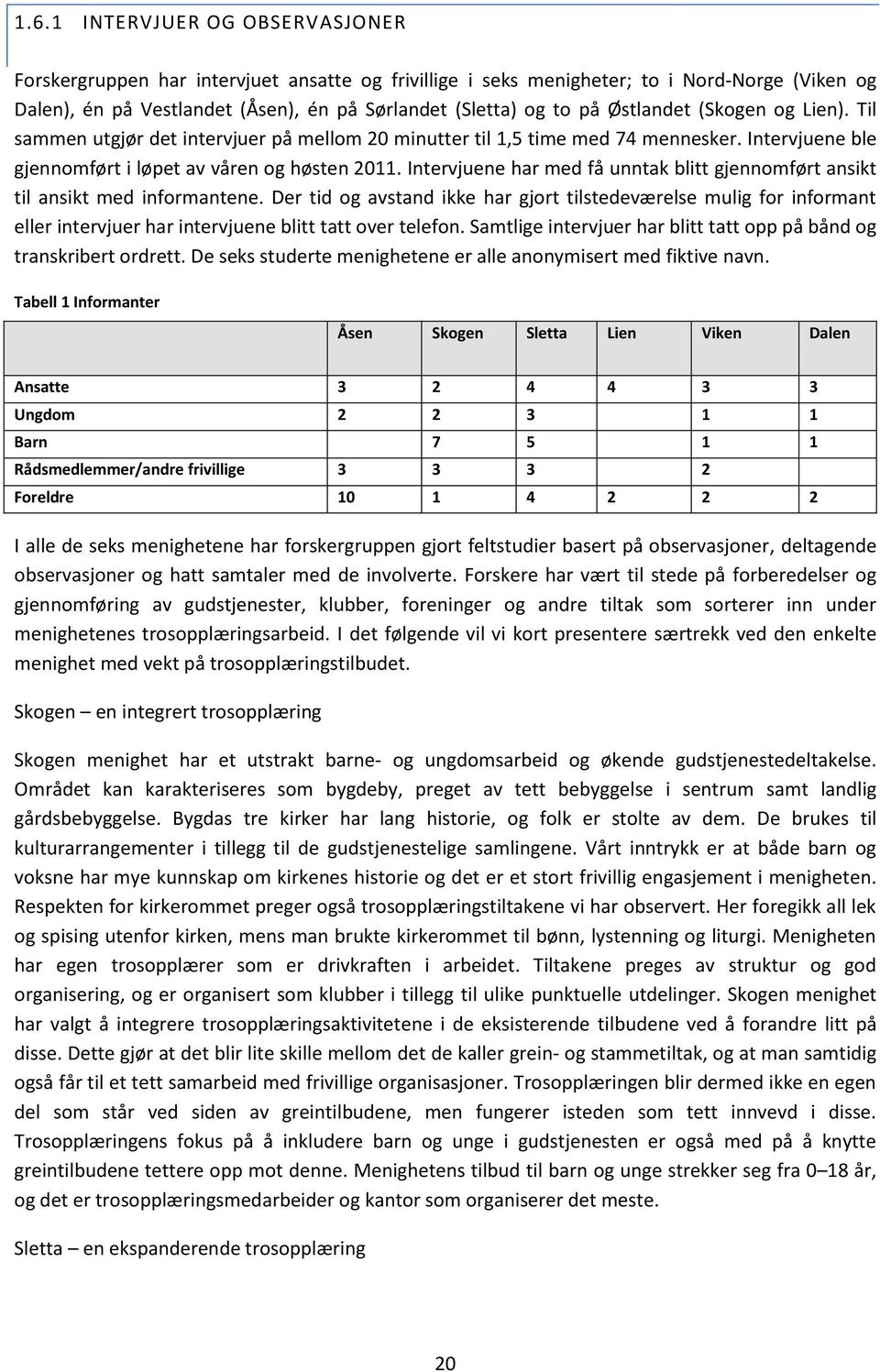 Intervjuene har med få unntak blitt gjennomført ansikt til ansikt med informantene.