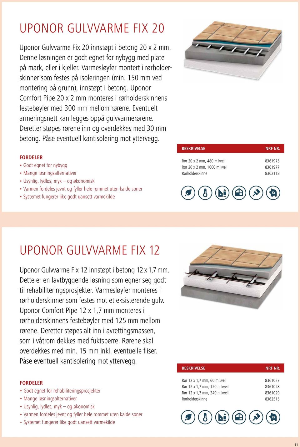 Uponor Comfort Pipe 20 x 2 mm monteres i rørholderskinnens festebøyler med 300 mm mellom rørene. Eventuelt armeringsnett kan legges oppå gulvvarmerørene.