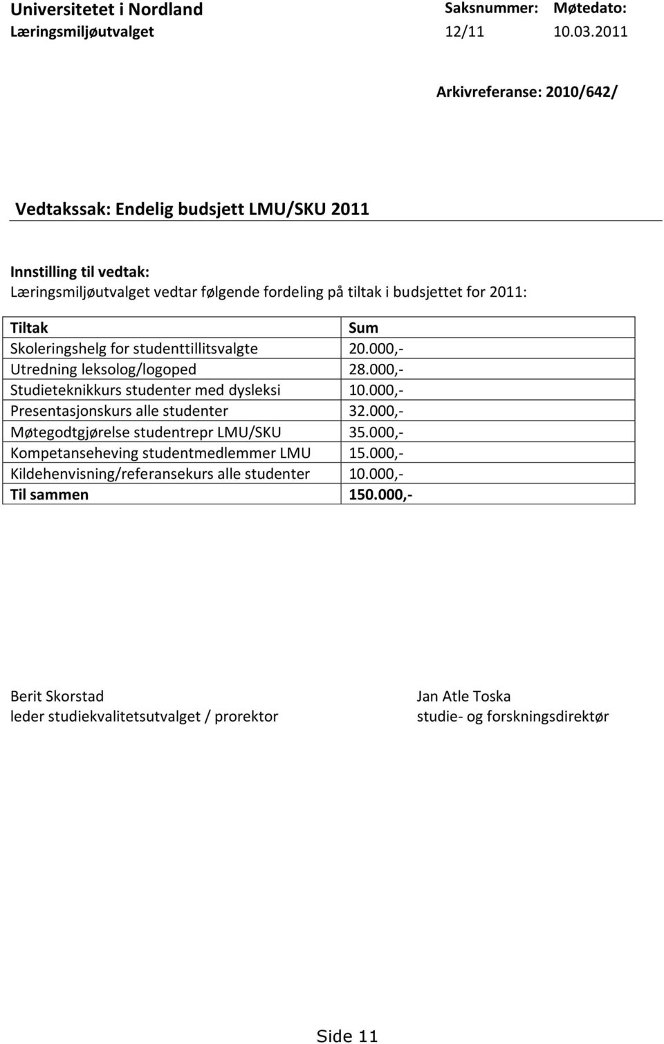 Tiltak Sum Skoleringshelg for studenttillitsvalgte 20.000,- Utredning leksolog/logoped 28.000,- Studieteknikkurs studenter med dysleksi 10.000,- Presentasjonskurs alle studenter 32.