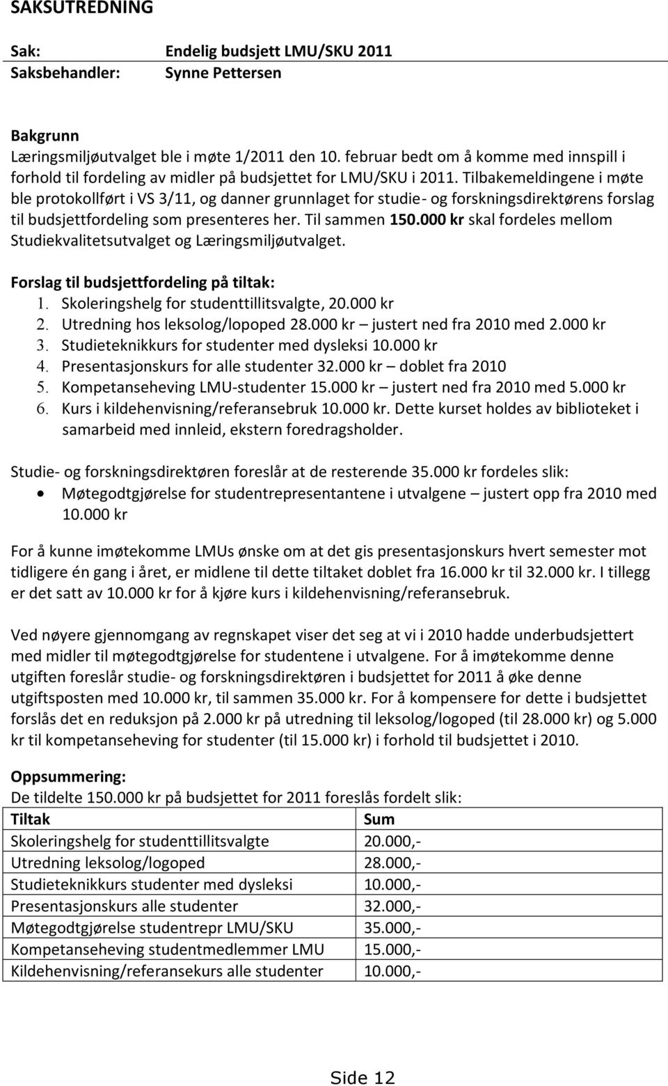 Tilbakemeldingene i møte ble protokollført i VS 3/11, og danner grunnlaget for studie- og forskningsdirektørens forslag til budsjettfordeling som presenteres her. Til sammen 150.