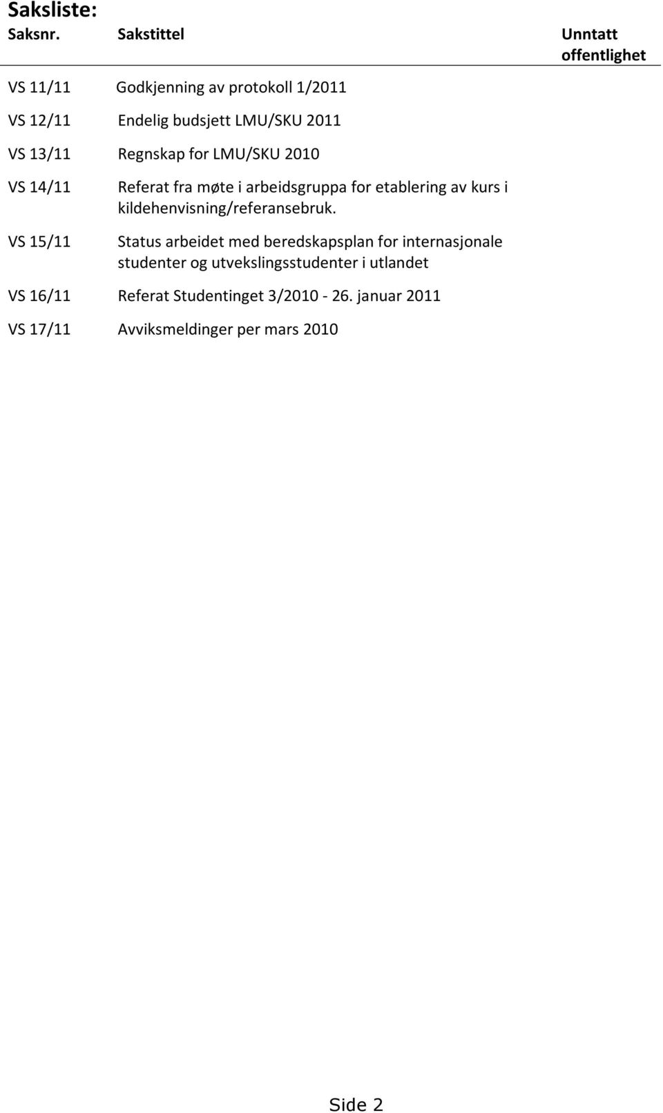 13/11 Regnskap for LMU/SKU 2010 VS 14/11 VS 15/11 Referat fra møte i arbeidsgruppa for etablering av kurs i