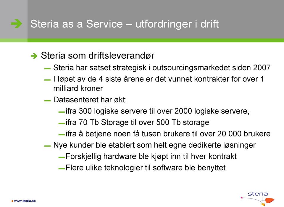 servere, ifra 70 Tb Storage til over 500 Tb storage ifra å betjene noen få tusen brukere til over 20 000 brukere Nye kunder ble etablert som