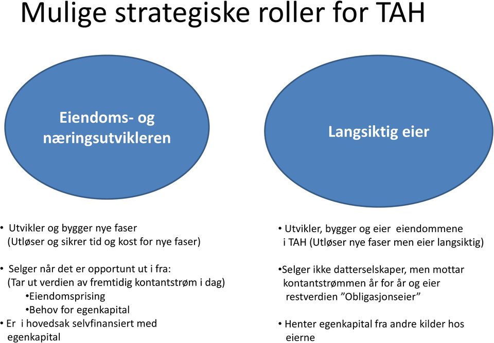 egenkapital Er i hovedsak selvfinansiert med egenkapital Utvikler, bygger og eier eiendommene i TAH (Utløser nye faser men eier langsiktig)