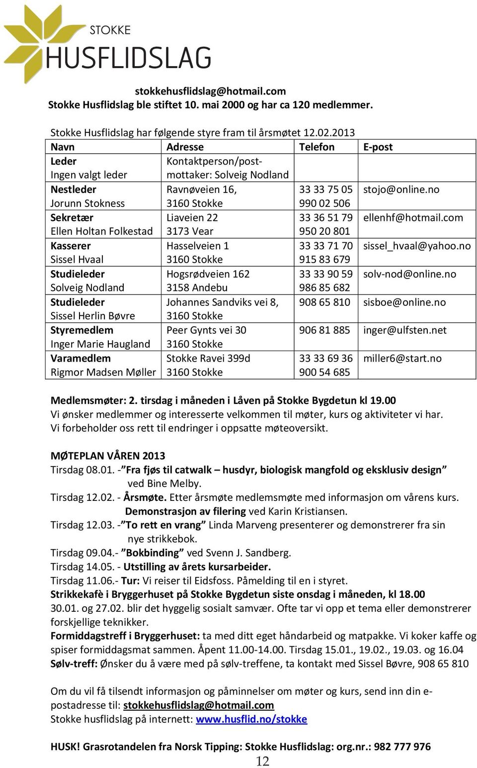 no Jorunn Stokness 3160 Stokke 990 02 506 Sekretær Liaveien 22 33 36 51 79 ellenhf@hotmail.com Ellen Holtan Folkestad 3173 Vear 950 20 801 Kasserer Hasselveien 1 33 33 71 70 sissel_hvaal@yahoo.