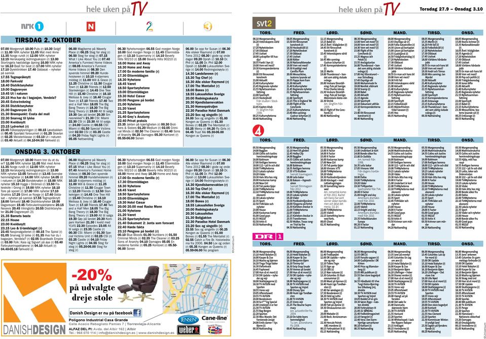 40 Distriktsnyheter 19.00 Dagsrevyen 19.45 Ut i naturen 20.15 Hva har du i bagasjen, Vendela? 20.45 Extra-trekning 20.55 Distriktsnyheter 21.00 Dagsrevyen 21 21.30 Brennpunkt: Costa del moll 22.