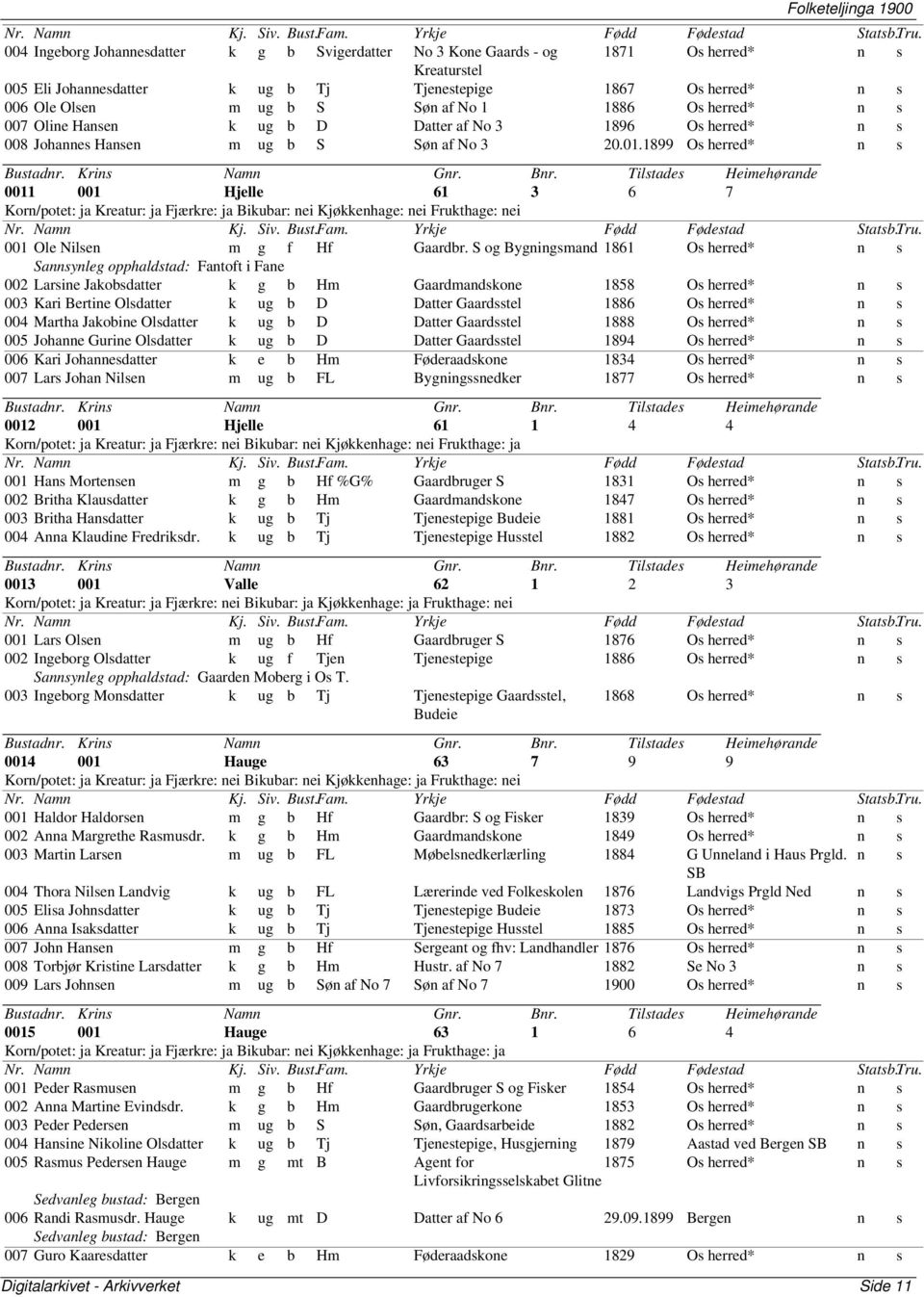 1899 Os herred* n s 0011 001 Hjelle 61 3 6 7 Korn/potet: ja Kreatur: ja Fjærkre: ja Bikubar: nei Kjøkkenhage: nei Frukthage: nei 001 Ole Nilsen m g f Hf Gaardbr.