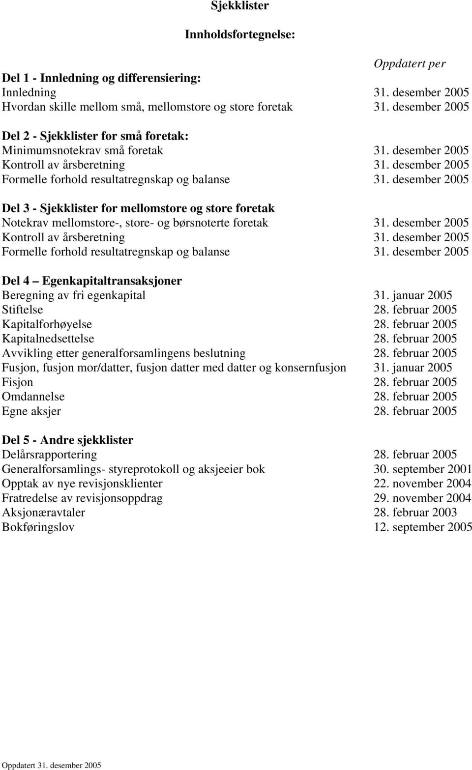 desember 2005 Del 3 - Sjekklister for mellomstore og store foretak Notekrav mellomstore-, store- og børsnoterte foretak 31. desember 2005 Kontroll av årsberetning 31.