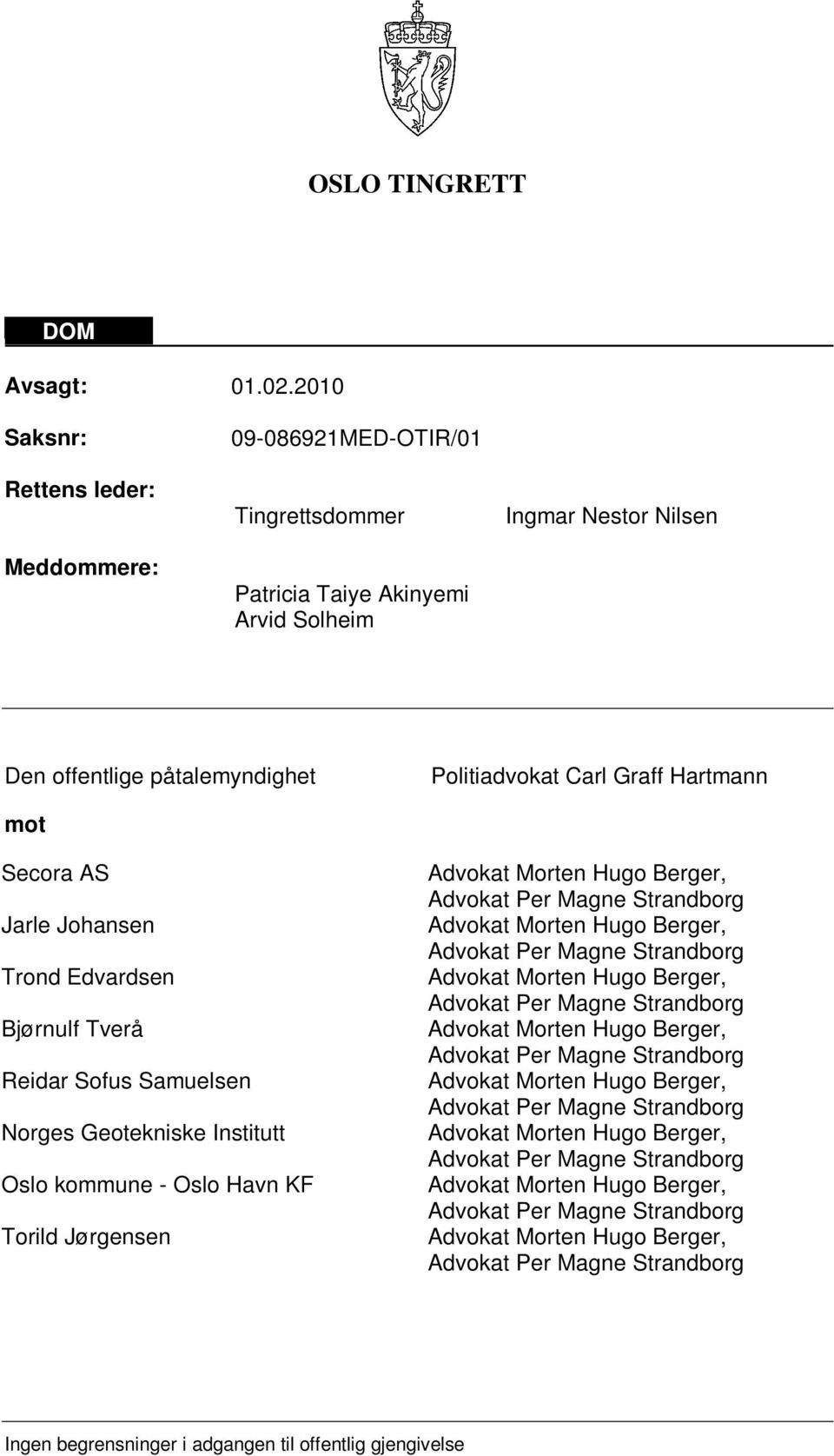 Hartmann mot Secora AS Jarle Johansen Trond Edvardsen Bjørnulf Tverå Reidar Sofus Samuelsen Norges Geotekniske Institutt Oslo kommune - Oslo Havn KF Torild Jørgensen Advokat Morten Hugo Berger,