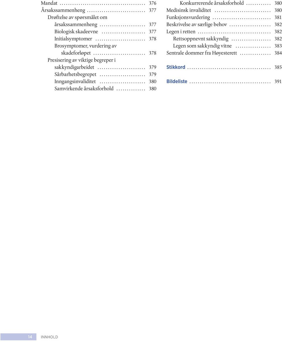 .. 379 Inngangsinvaliditet... 380 Samvirkende årsaksforhold... 380 Konkurrerende årsaksforhold... 380 Medisinsk invaliditet... 380 Funksjonsvurdering.