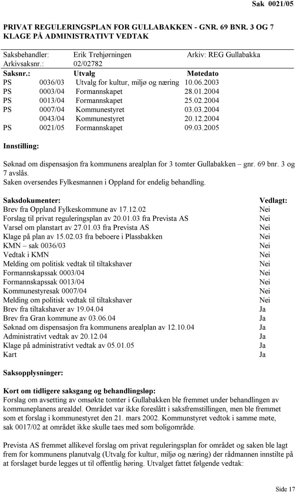 12.2004 PS 0021/05 Formannskapet 09.03.2005 Innstilling: Søknad om dispensasjon fra kommunens arealplan for 3 tomter Gullabakken gnr. 69 bnr. 3 og 7 avslås.