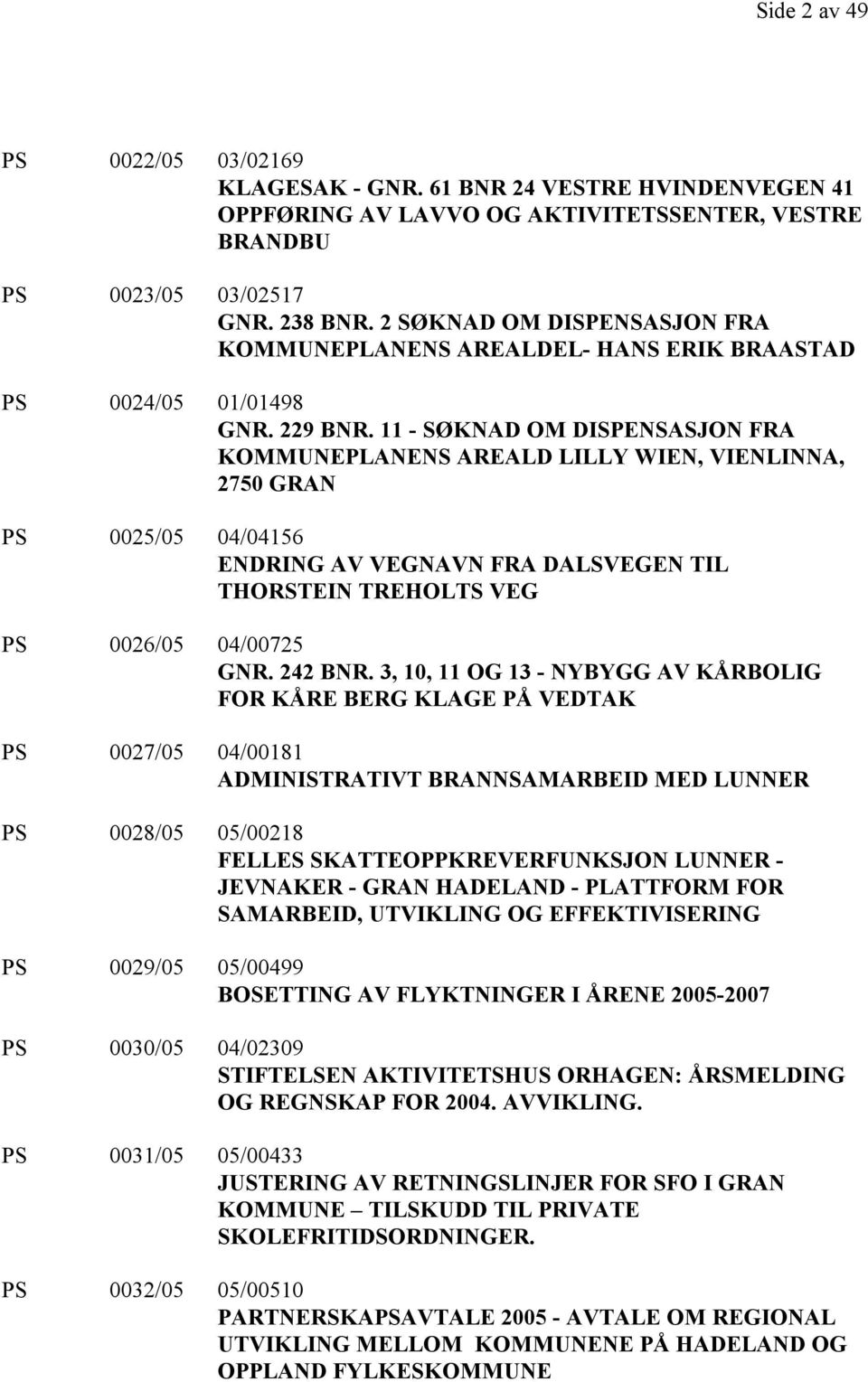 11 - SØKNAD OM DISPENSASJON FRA KOMMUNEPLANENS AREALD LILLY WIEN, VIENLINNA, 2750 GRAN PS 0025/05 04/04156 ENDRING AV VEGNAVN FRA DALSVEGEN TIL THORSTEIN TREHOLTS VEG PS 0026/05 04/00725 GNR. 242 BNR.